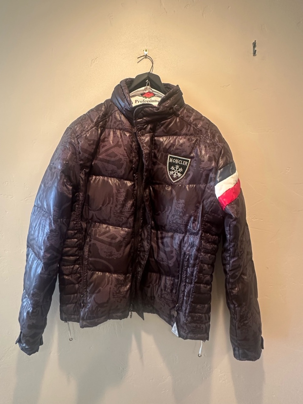 Moncler Men's Dark Brown Puffer Jacket with White & Red Sleeve Stripe
